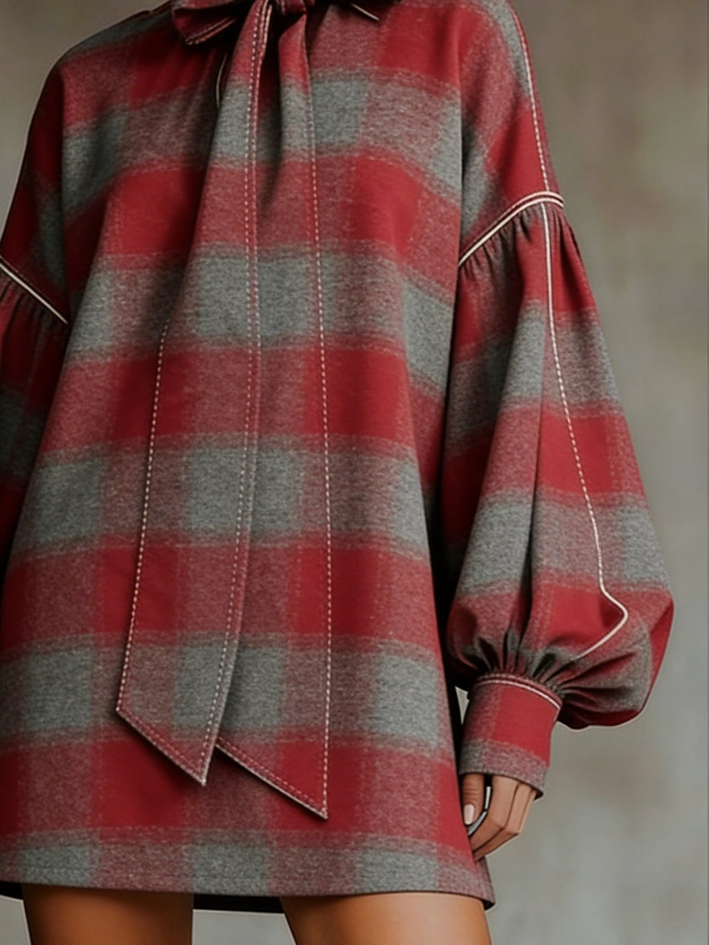 Red And Gray Plaid Bow Lantern Sleeve Mini Dress