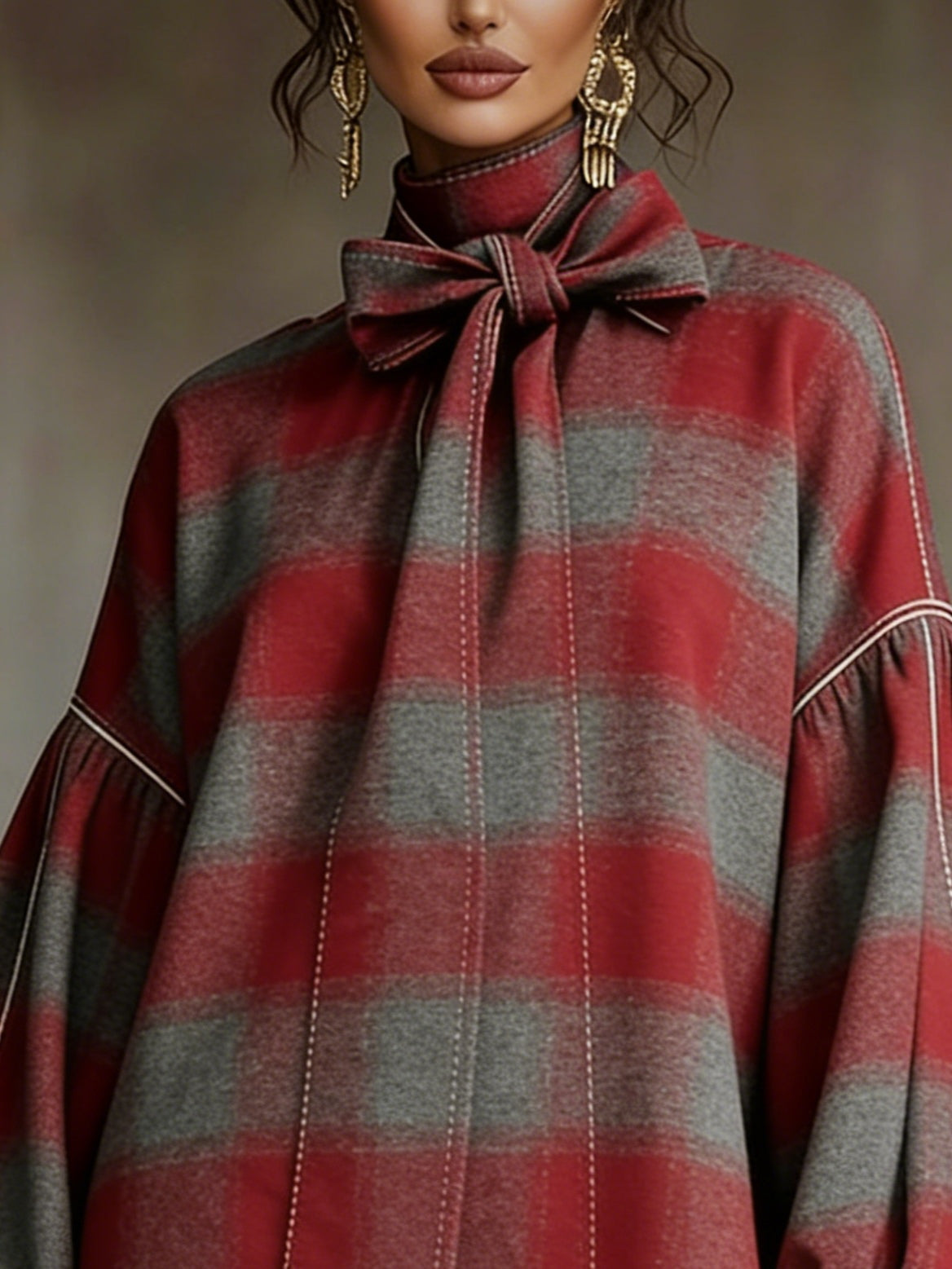 Red And Gray Plaid Bow Lantern Sleeve Mini Dress